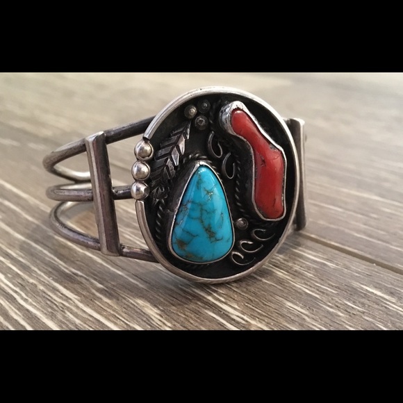 Navajo Sterling Turquoise Real Red  Coral Cuff - Picture 7 of 14